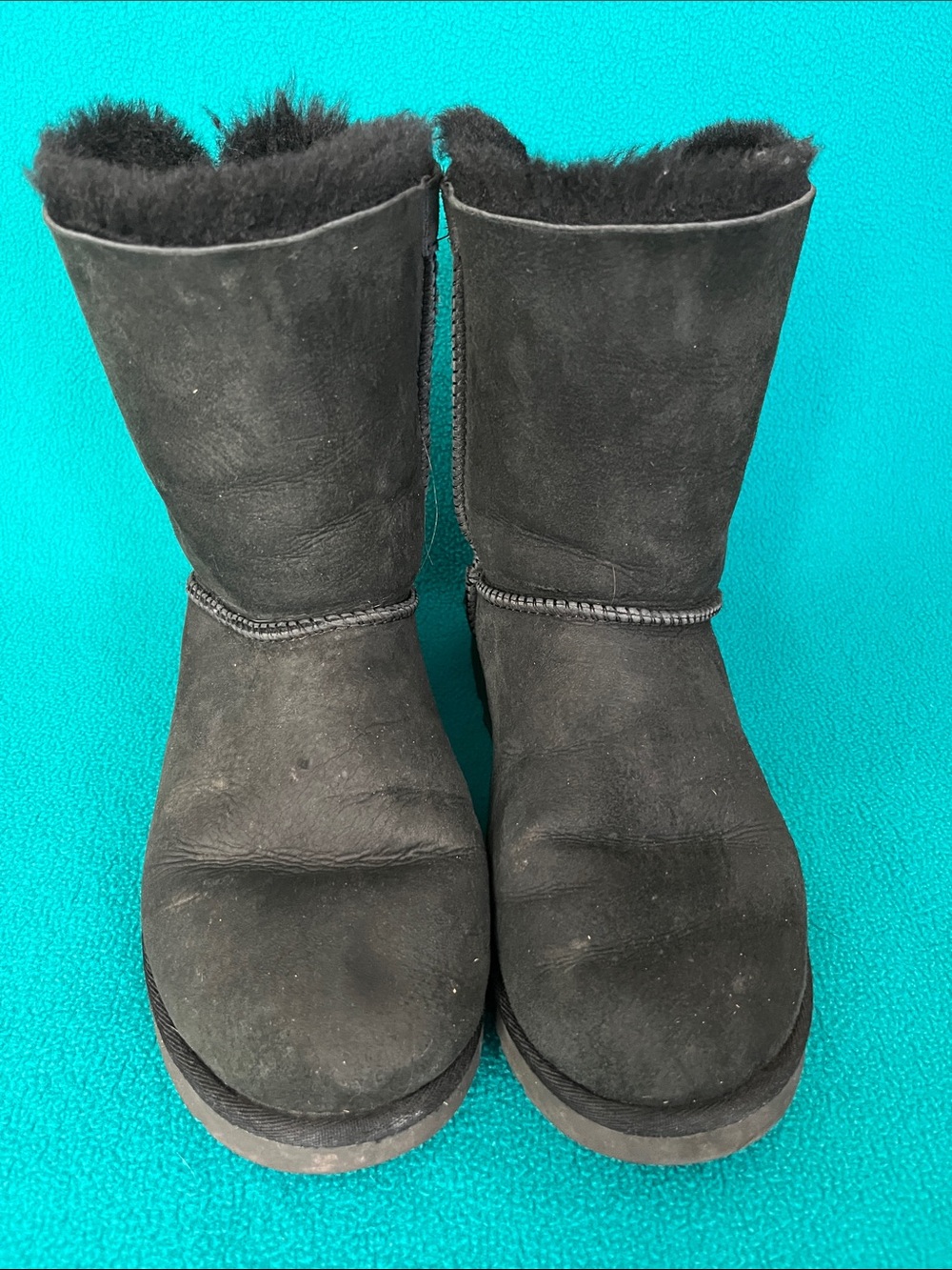 UGG Black Short Shearling Boots w Corduroy Bows Sz 10
